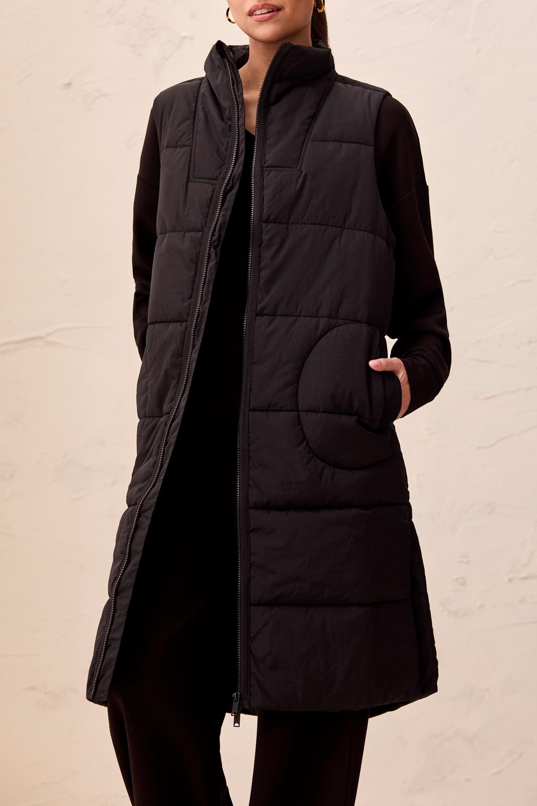 Tribal Black Long Zip-Front Quilted Vest