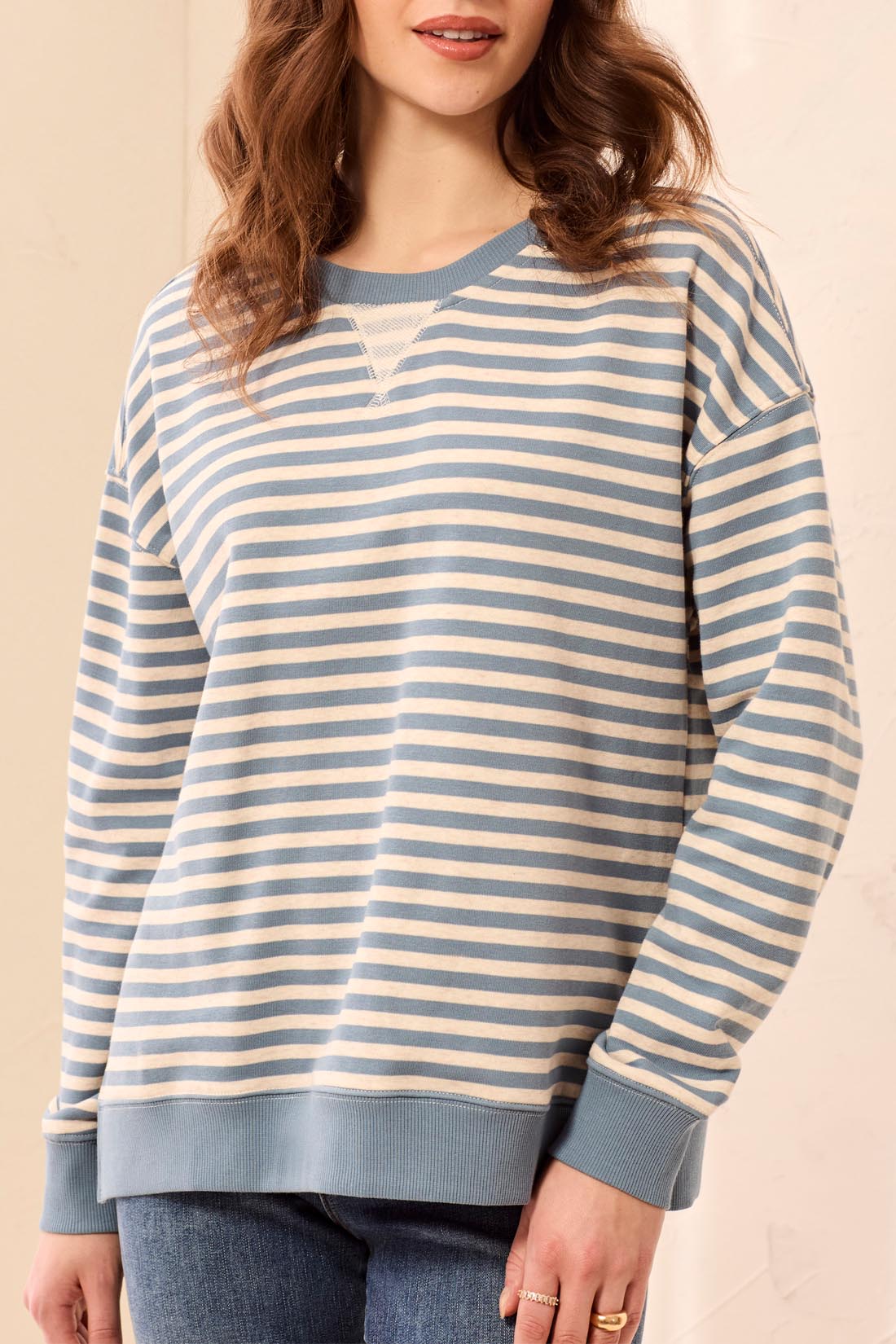 Tribal Cotton Crewneck Drop‑Shoulder Long Sleeve Top with Combo Trim