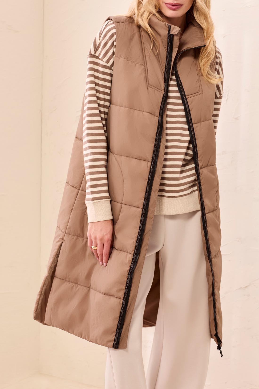 Tribal Fossil Long Zip-Front Quilted Vest