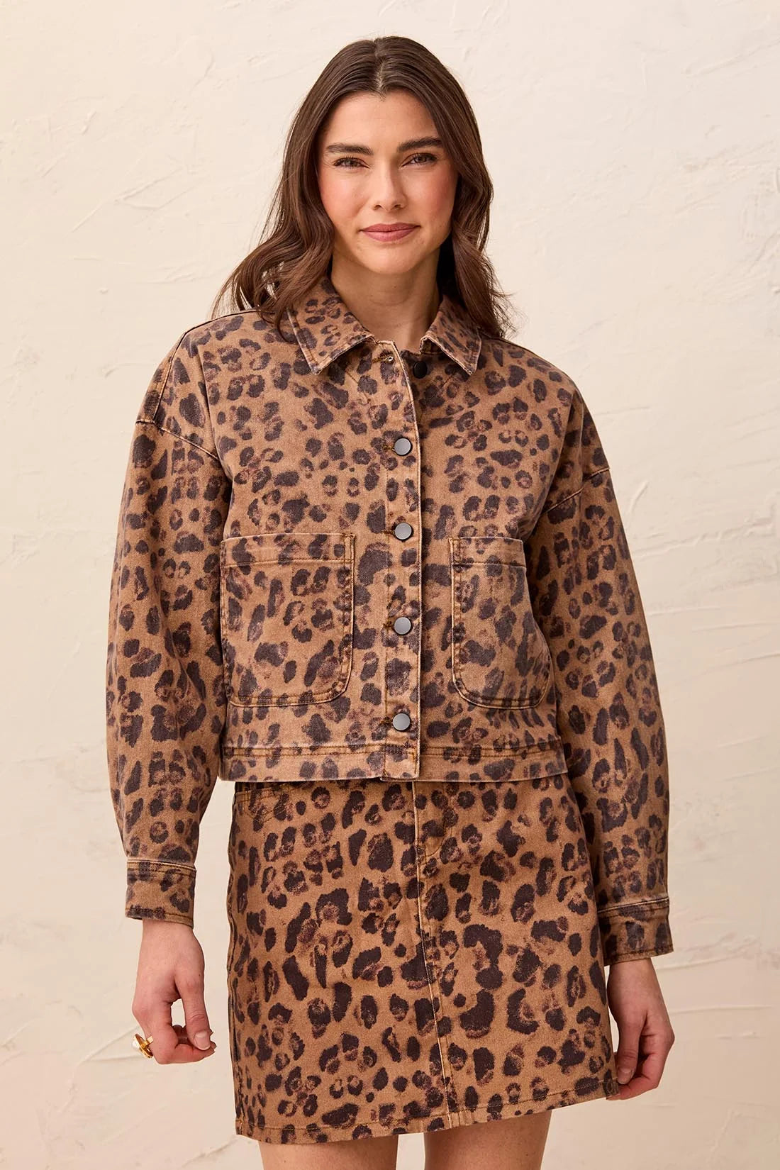 Tribal Leopard Print Cropped Denim Jacket With Patch Pockets
