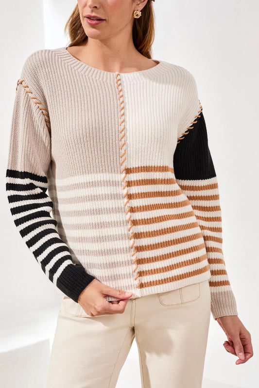 Tribal Multi Stripe Textured Boat Neck Sweater