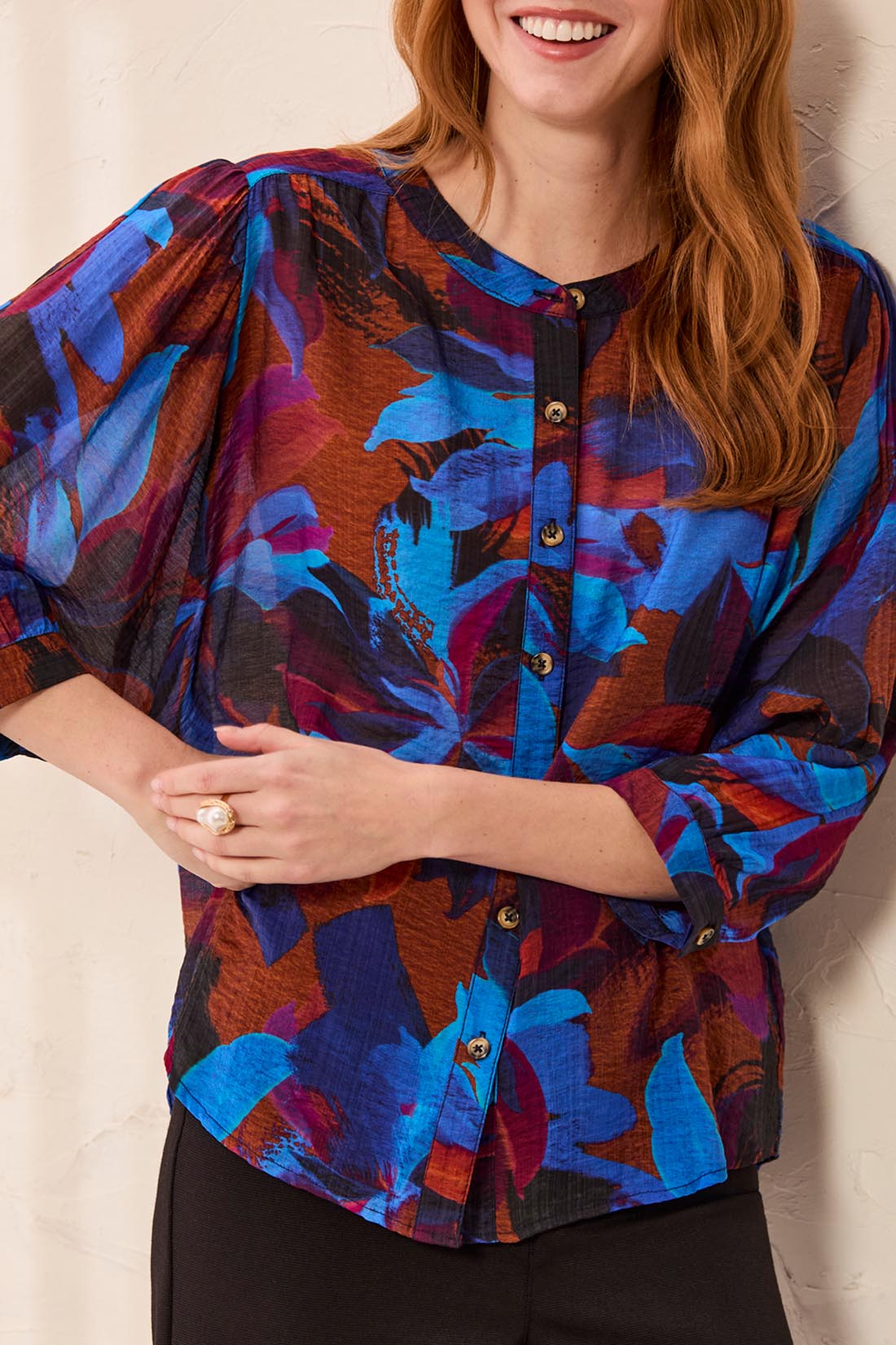 Tribal Flowy Dolman Sleeve Blouse With Self-Covering Buttons