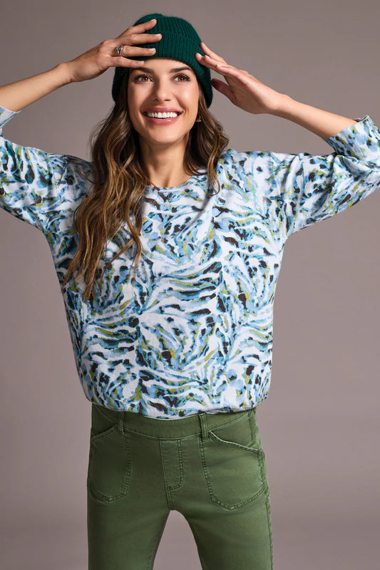 Tribal Soft Yarn Three-Quarter Sleeve Crewneck Sweater