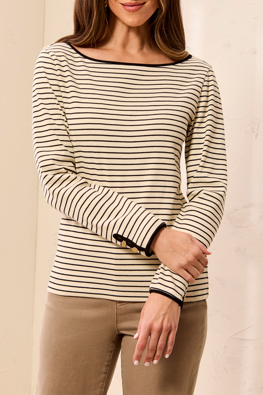 Tribal Striped Boat Neck Long Sleeve Knit Top With Button Cuffs