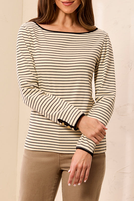 Tribal Striped Boat Neck Long Sleeve Knit Top With Button Cuffs