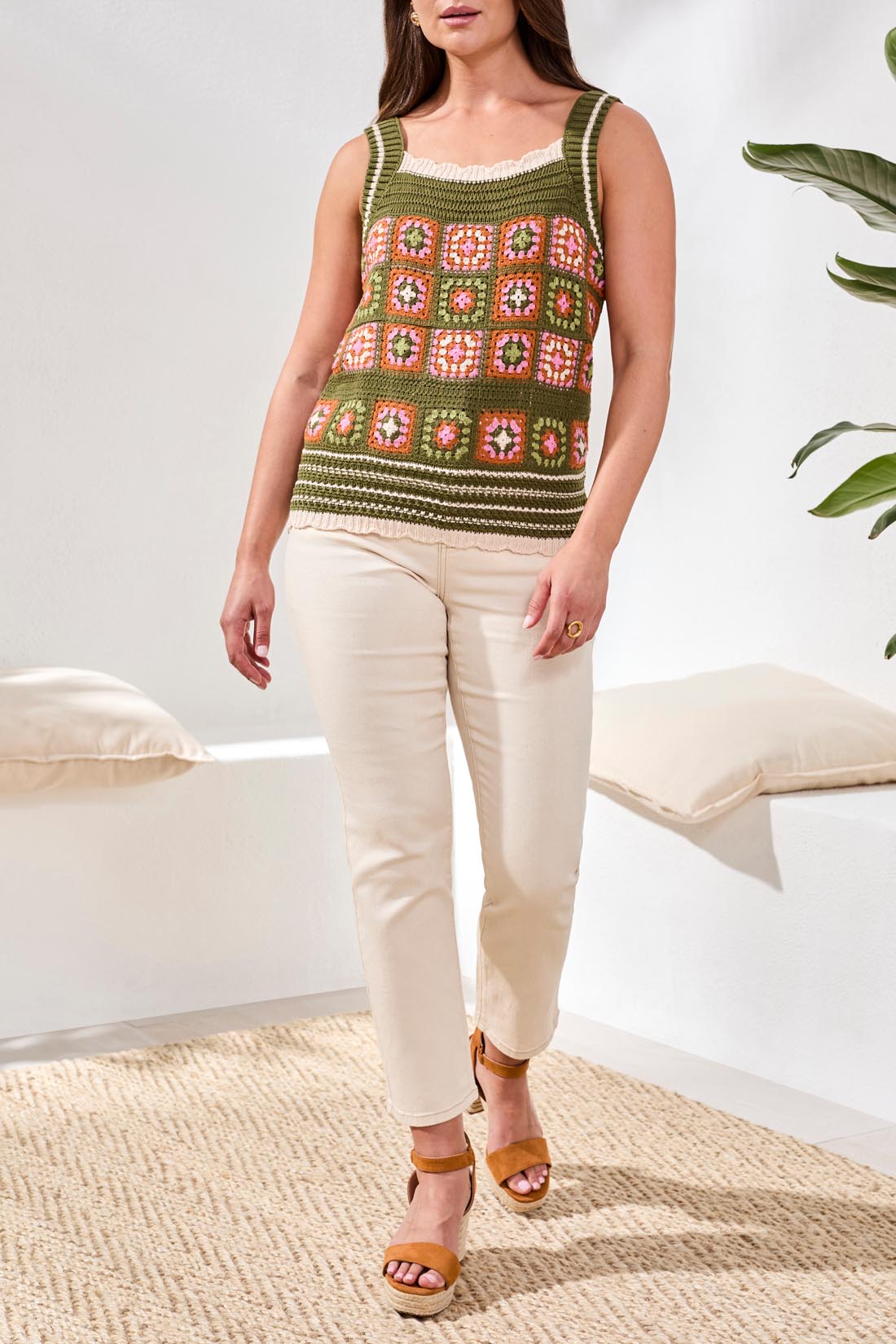 Tribal Wide Strap Crochet Detail Cami Sweater