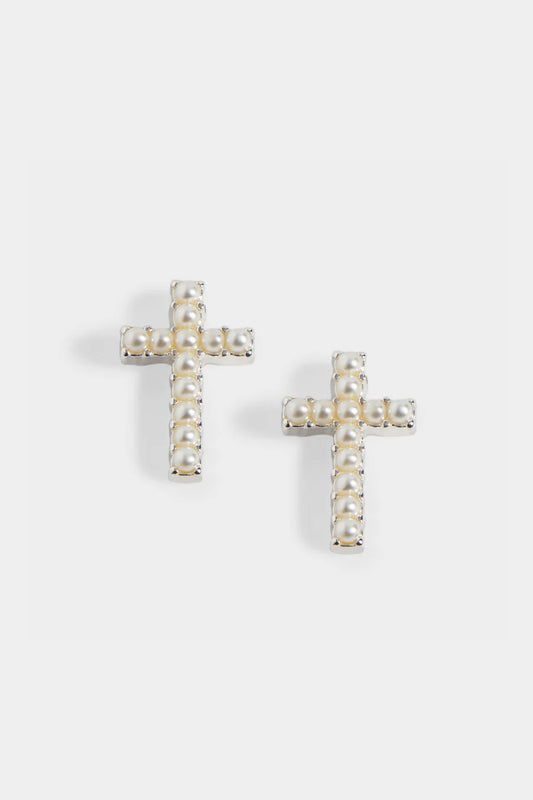 Small Cross With Pearls Stud Earrings