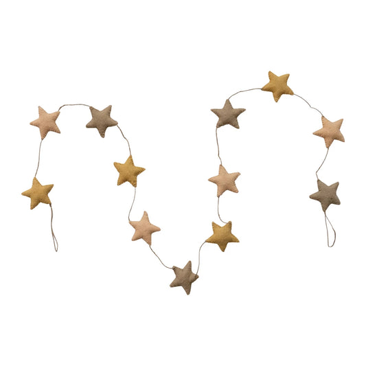 String of beige and gold star-shaped decorations on a white background