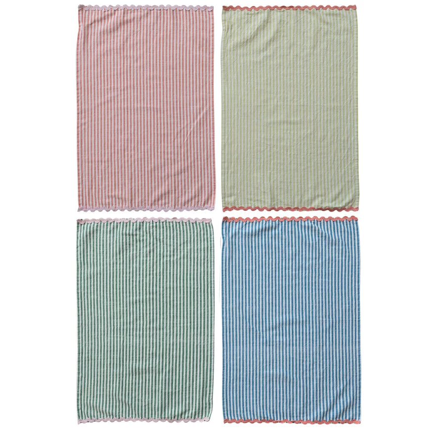 Woven Cotton Striped Tea Towel With Ric Rac Trim