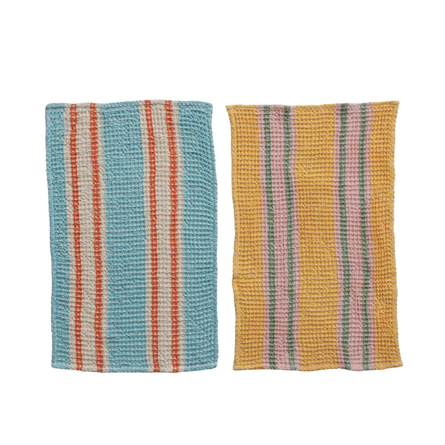 Woven Cotton Waffle Weave Tea Towel With Stripes