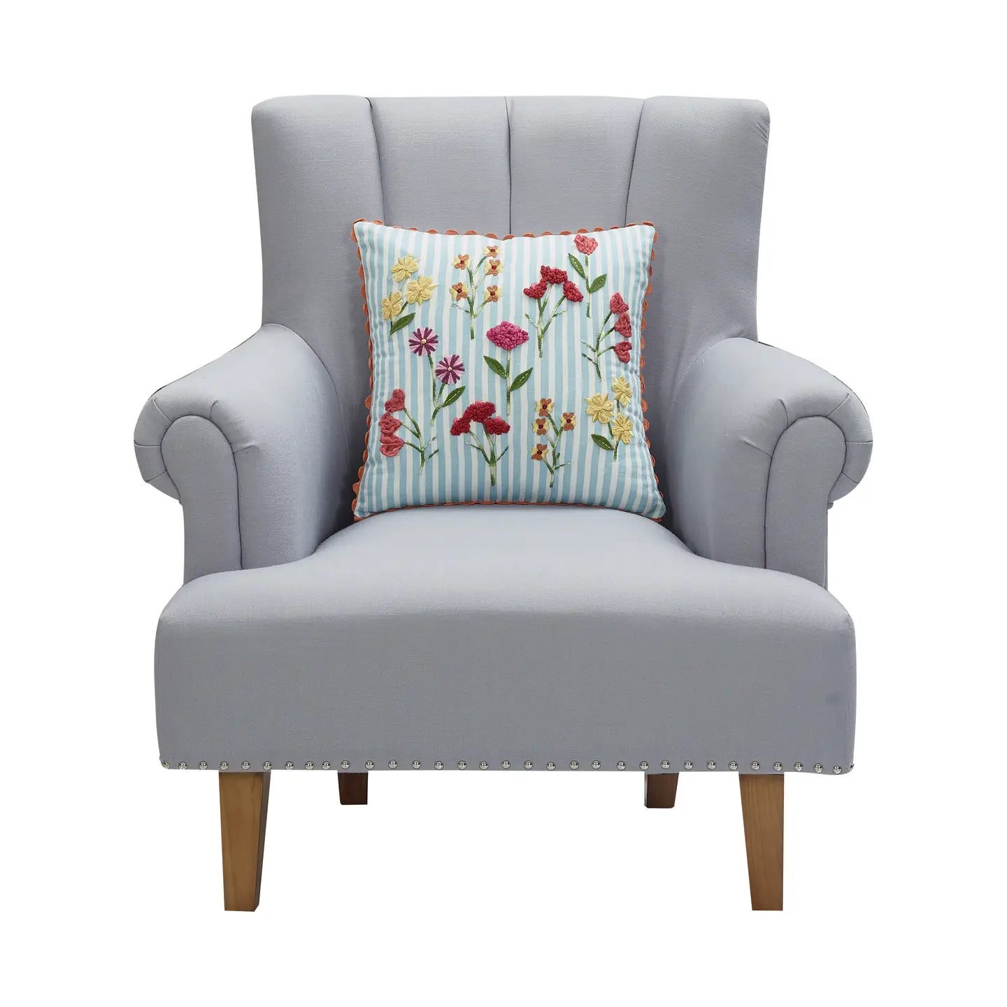 Blue Stripe Floral Embroidered Pillow