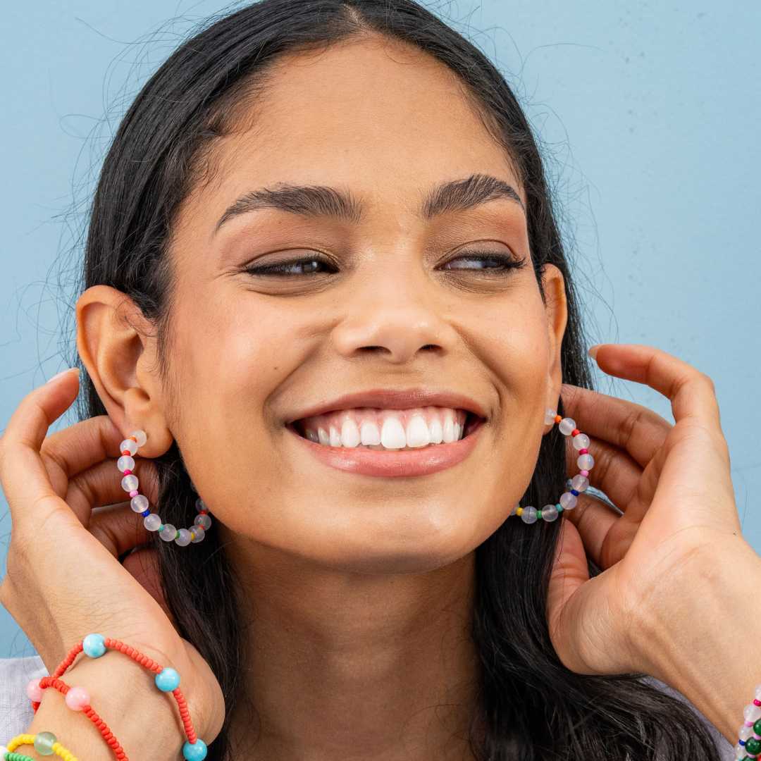 Angela Round Stones With Alternating Seed Bead Hoop Earrings