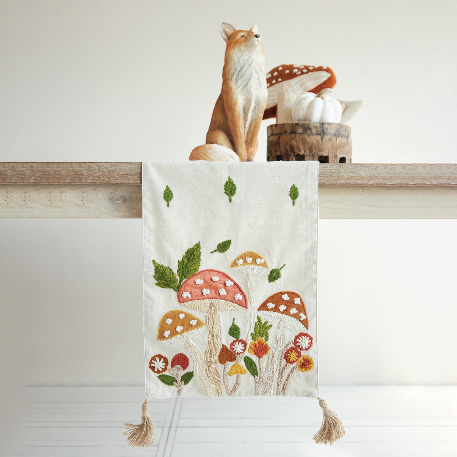 Cotton & Linen Table Runner With Embroidery, Applique & Jute Tassels