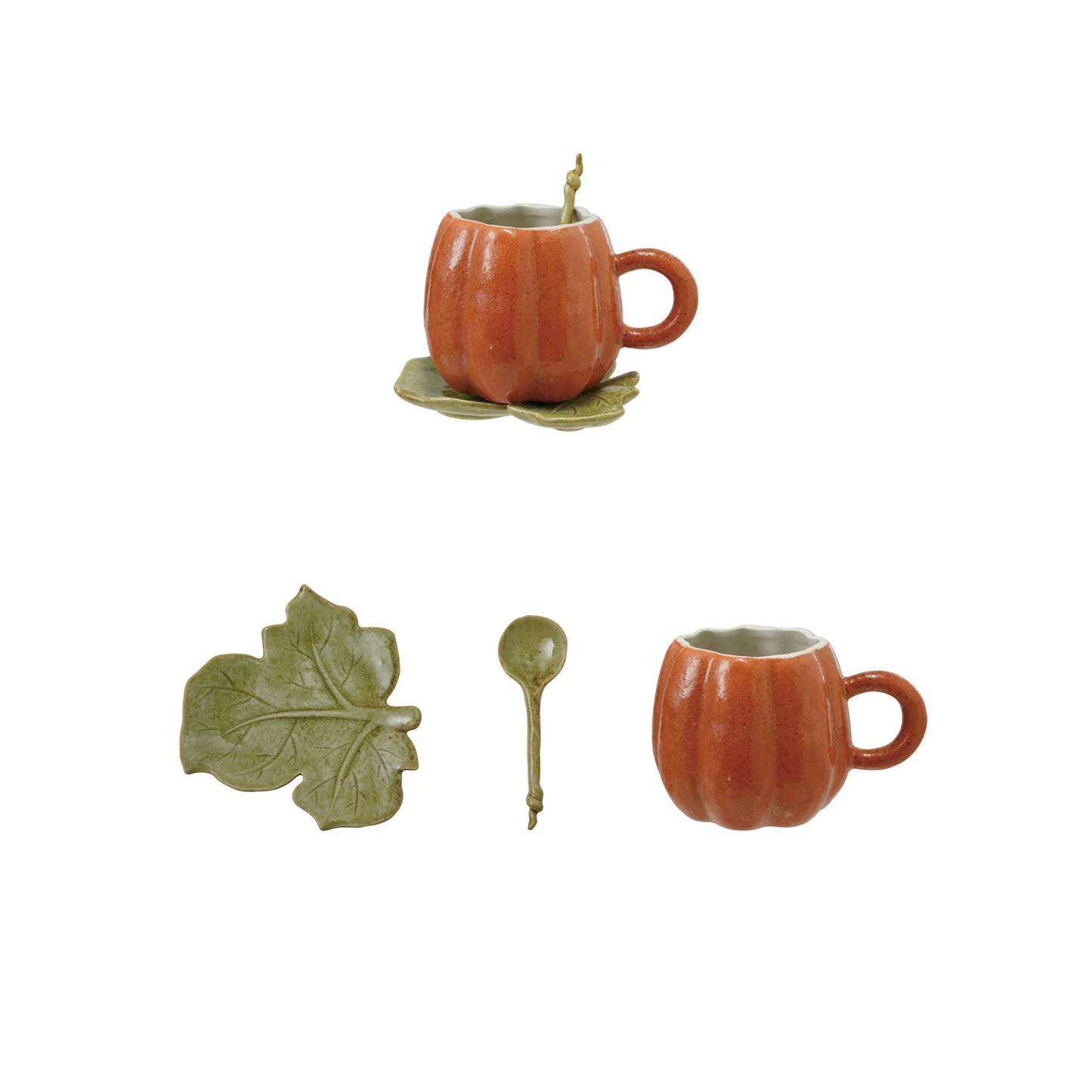 Stoneware Acorn/Pumpkin Shaped Mug With Saucer & Spoon