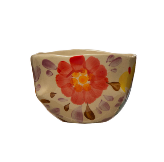 Hand-Painted Stoneware Serving Bowl with Florals