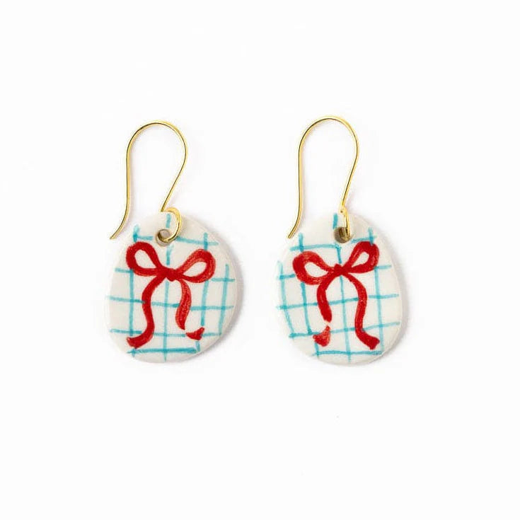 Danielle Round Ceramic Earrings With Bow And Blue Plaid