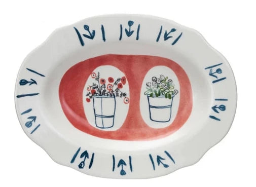 Hand-Painted Stoneware Plate With Flowers & Scalloped Edge