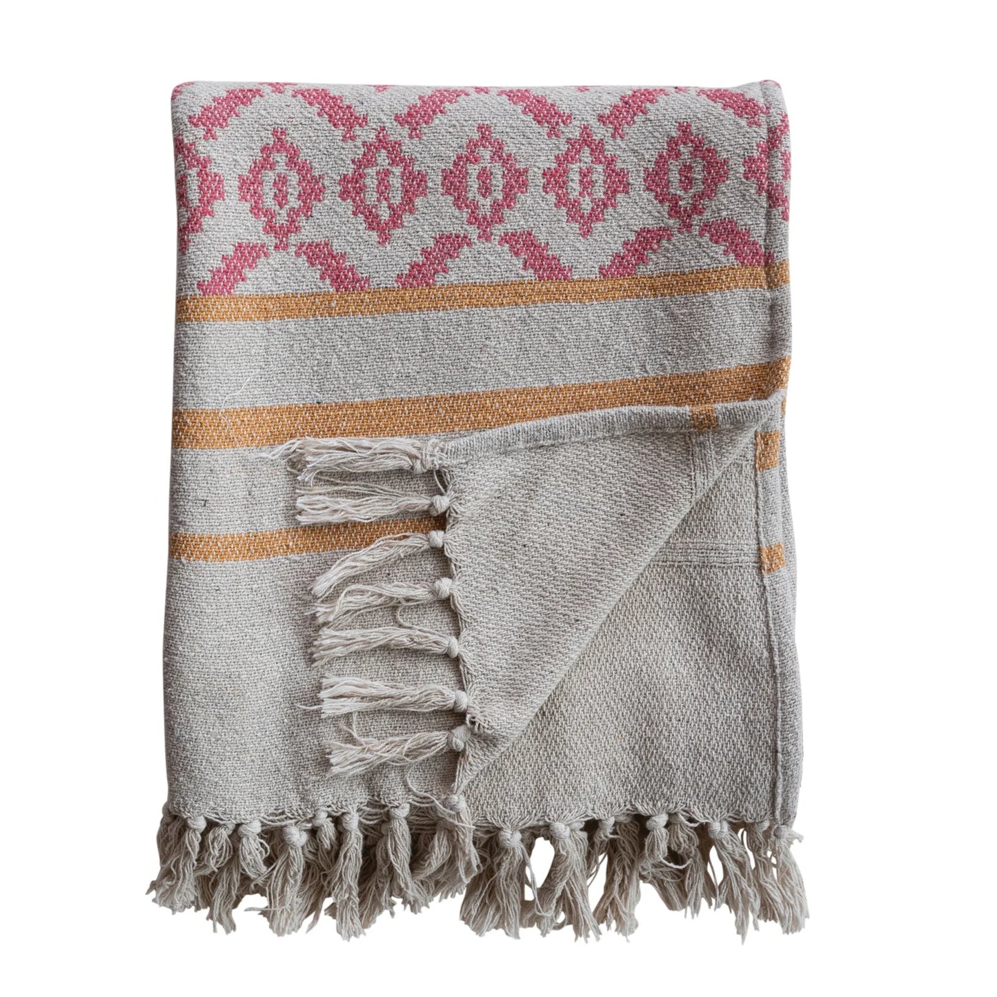 Cotton Blend Jacquard Throw With Stripes & Tassels