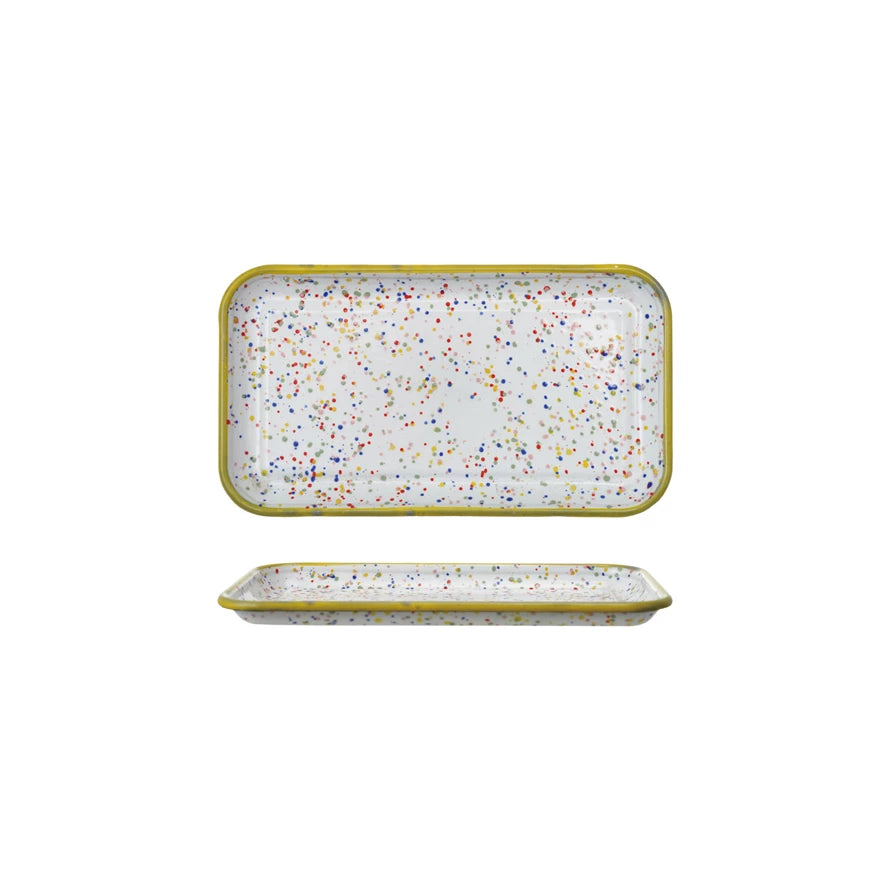 Enameled Metal Splatterware Plate with Yellow Rim