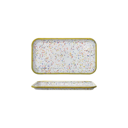 Enameled Metal Splatterware Plate with Yellow Rim