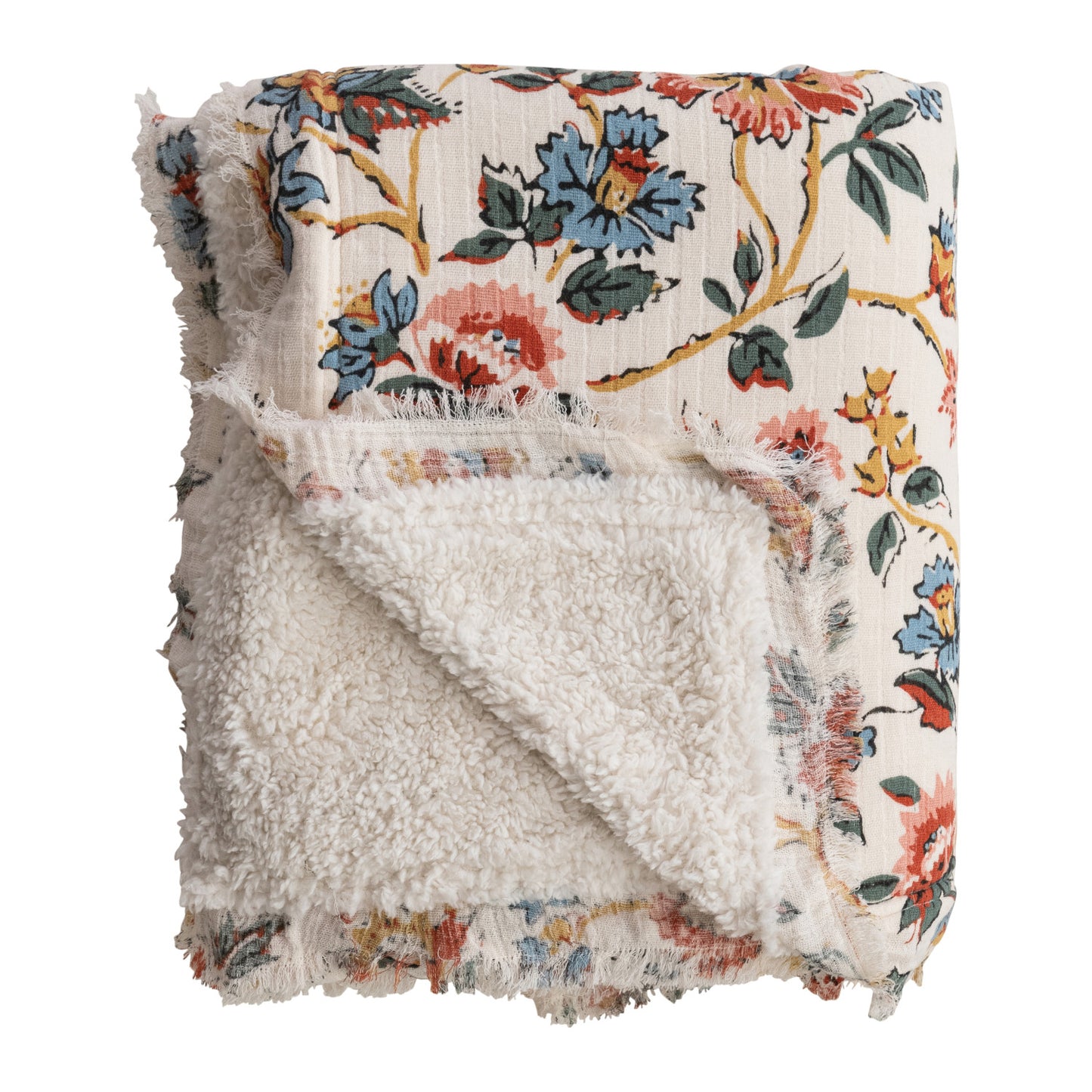 Woven Cotton Printed Throw With Sherpa Back
