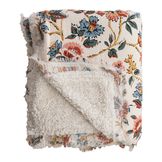Woven Cotton Printed Throw With Sherpa Back