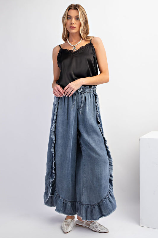 Easel Washed Ruffle Chambray Loose Fit Pants