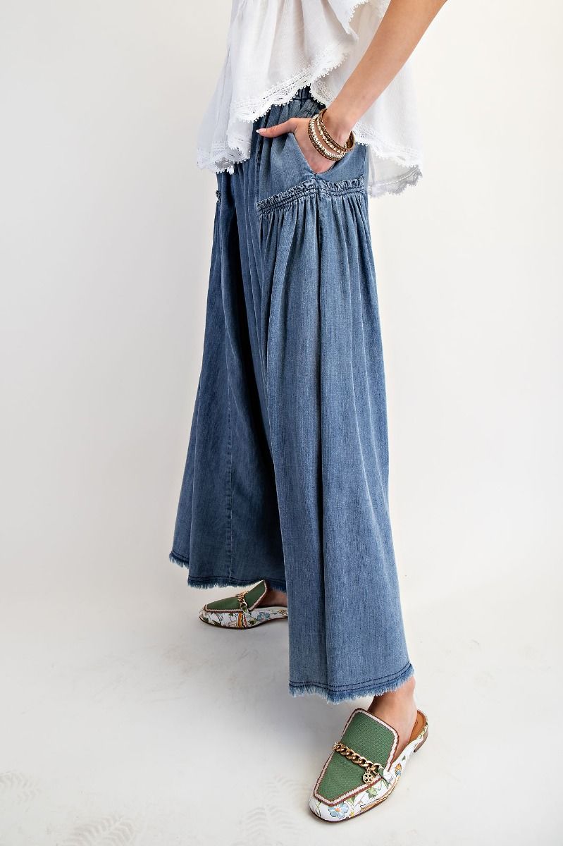 Easel Washed Wide Leg Palazzo Chambray Pants