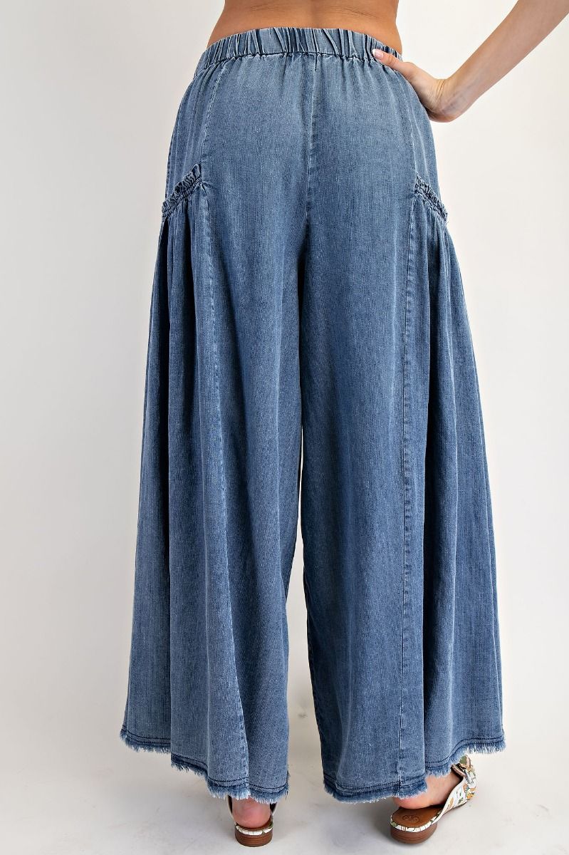 Easel Washed Wide Leg Palazzo Chambray Pants
