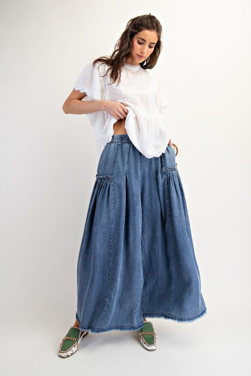 Easel Washed Wide Leg Palazzo Chambray Pants