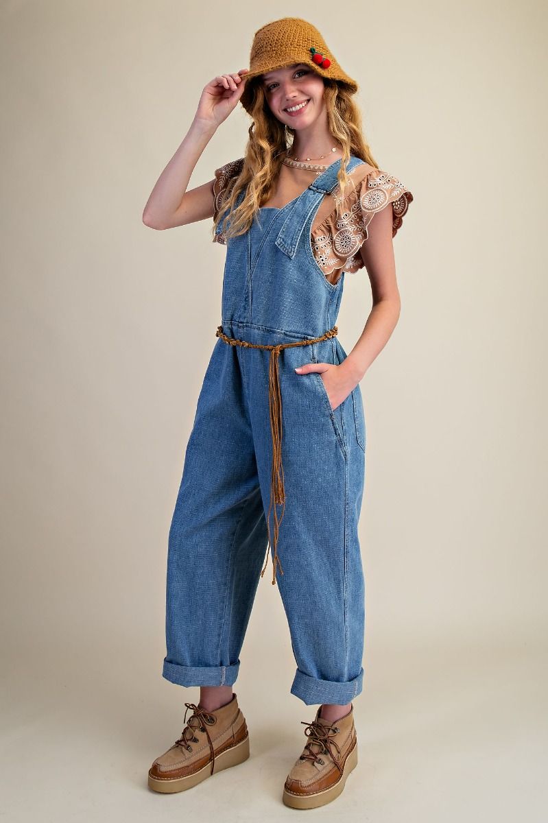 Easel Adjustable Straps Washed Denim Overalls