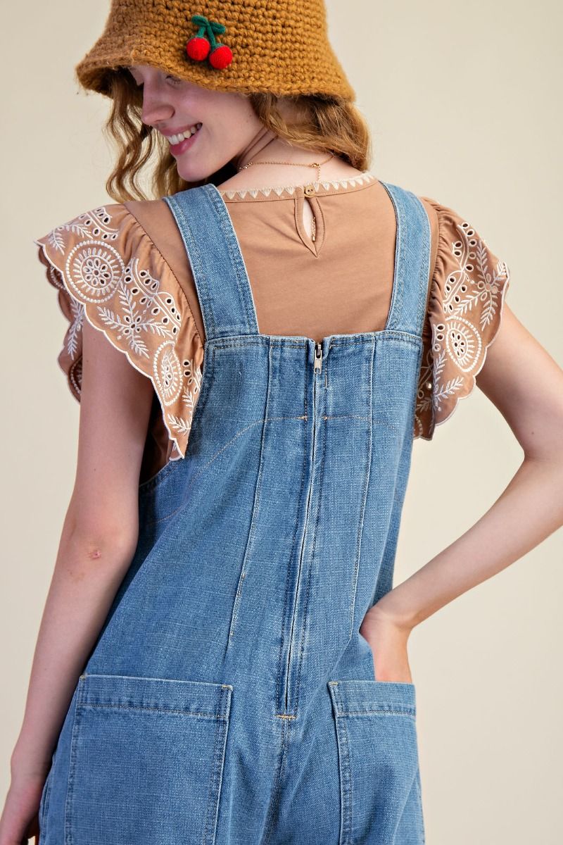 Easel Adjustable Straps Washed Denim Overalls
