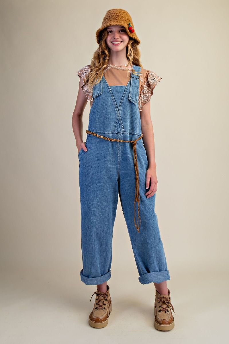 Easel Adjustable Straps Washed Denim Overalls