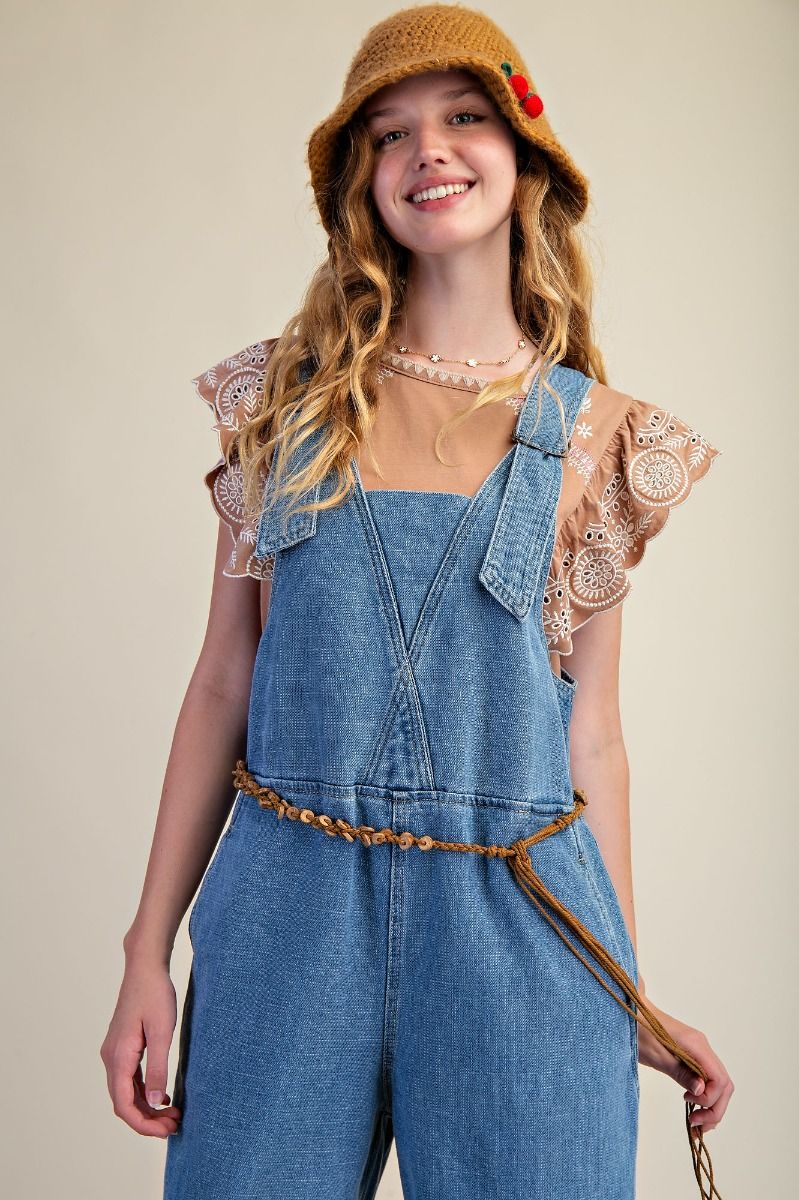 Easel Adjustable Straps Washed Denim Overalls