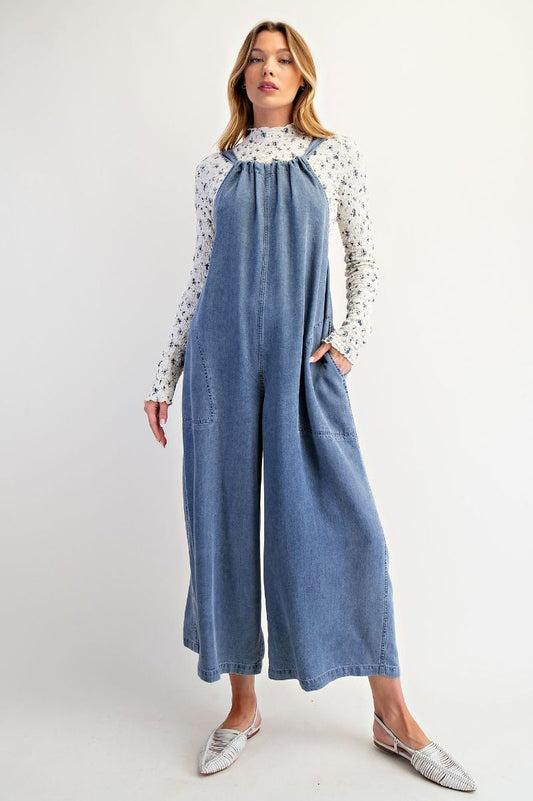 Easel Wide Legs Washed Denim Overalls