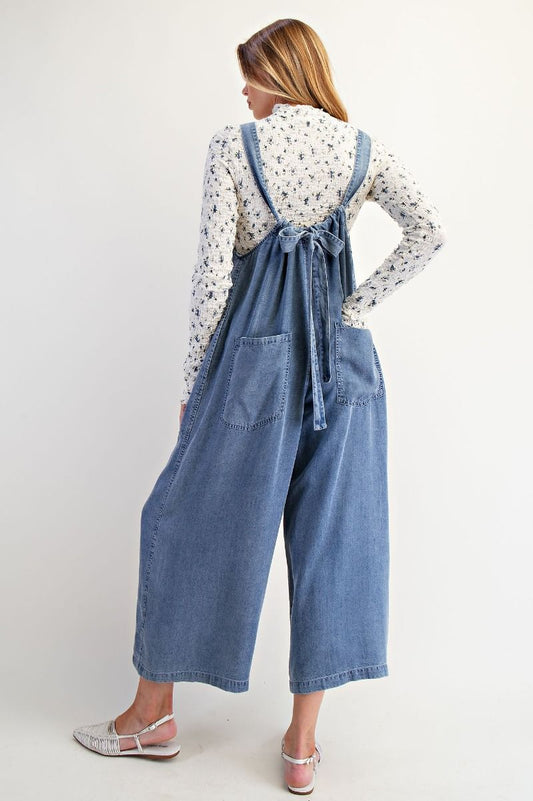 Easel Wide Legs Washed Denim Overalls