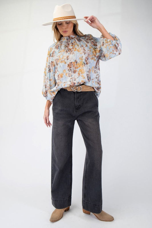 Easel Wide Leg Washed Denim Pants
