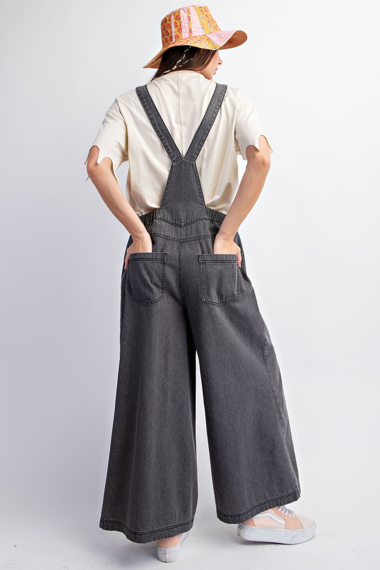 Easel Wide Leg Stone Washed Denim Jumpsuit
