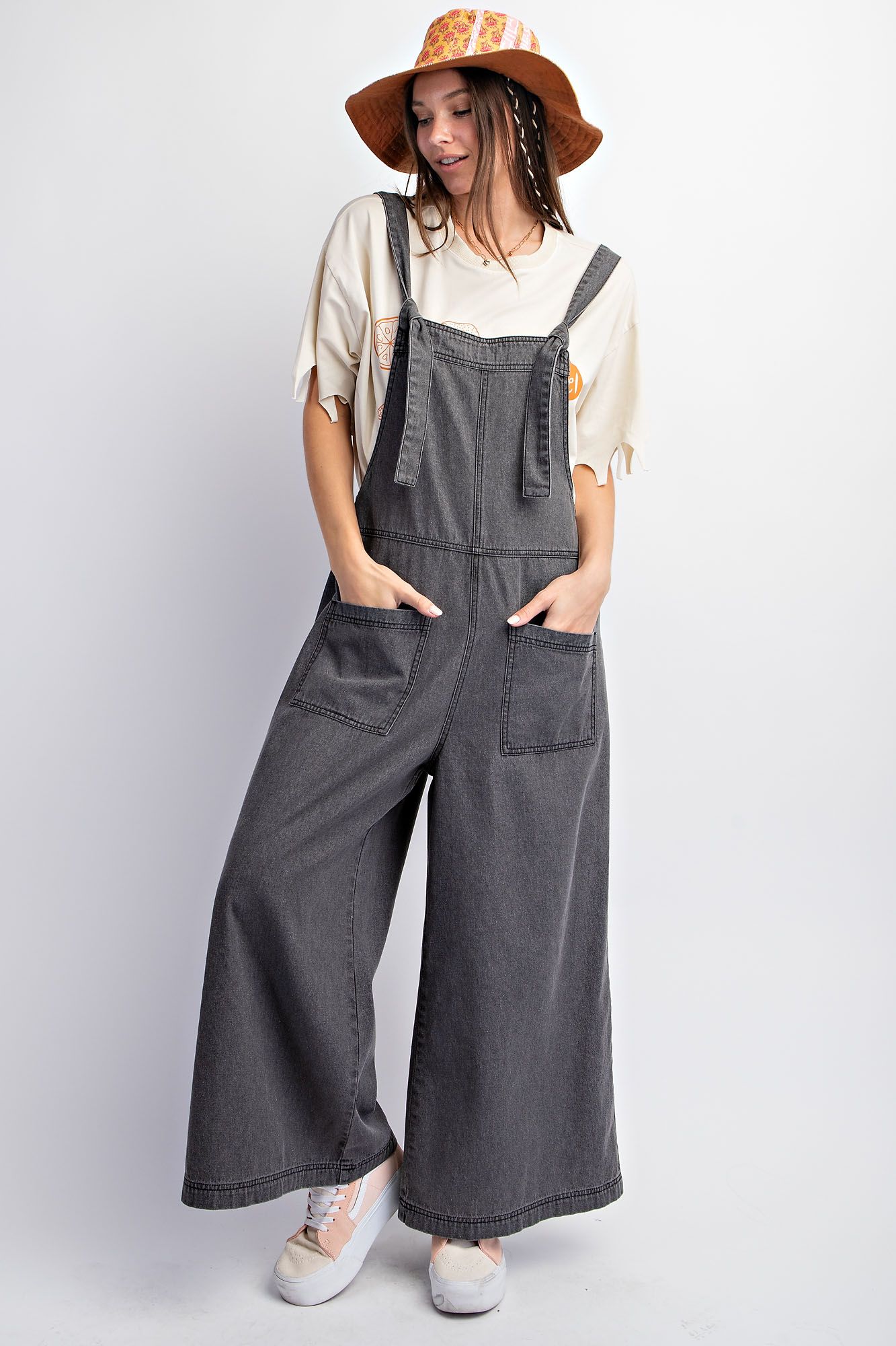 Easel Wide Leg Stone Washed Denim Jumpsuit