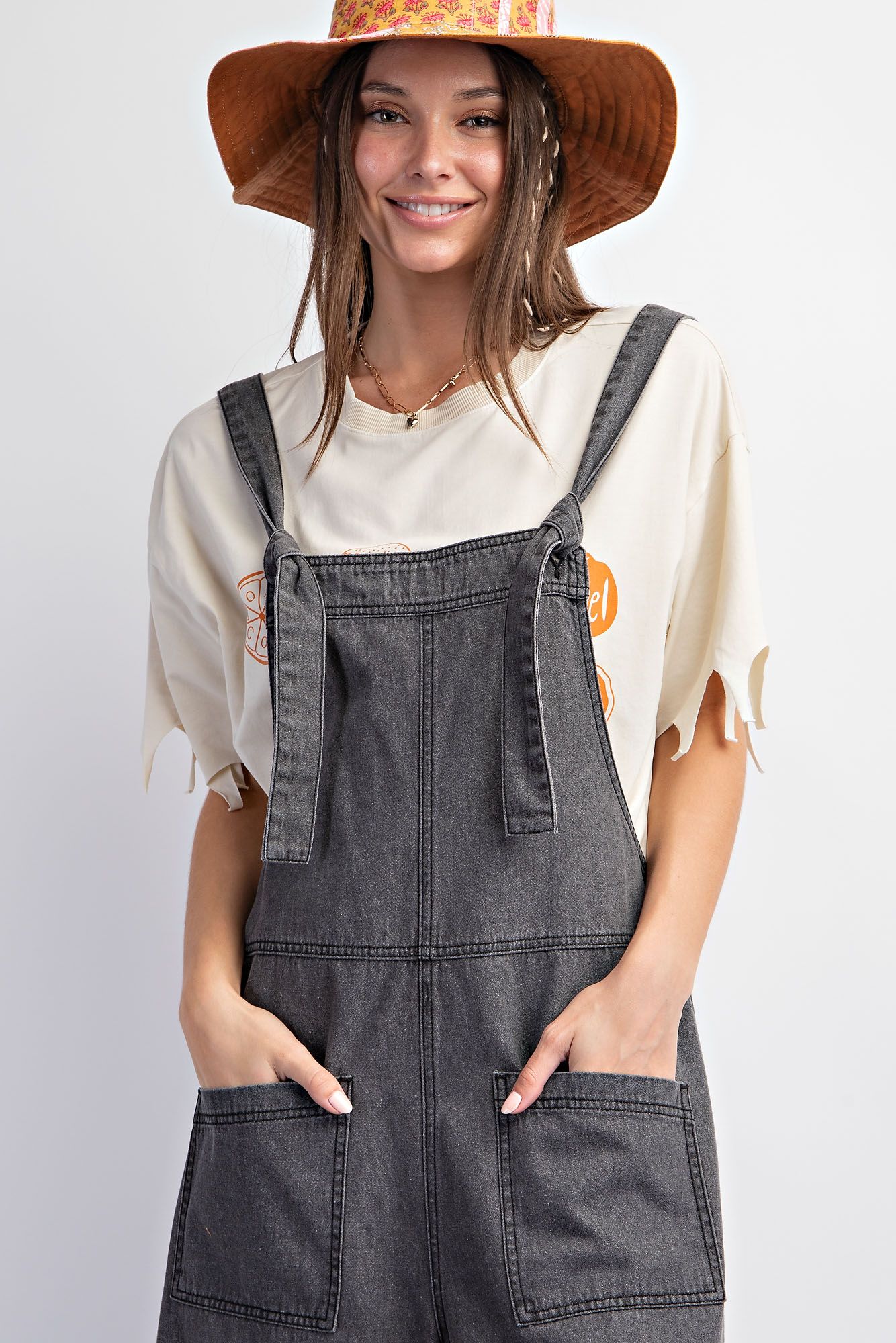 Easel Wide Leg Stone Washed Denim Jumpsuit