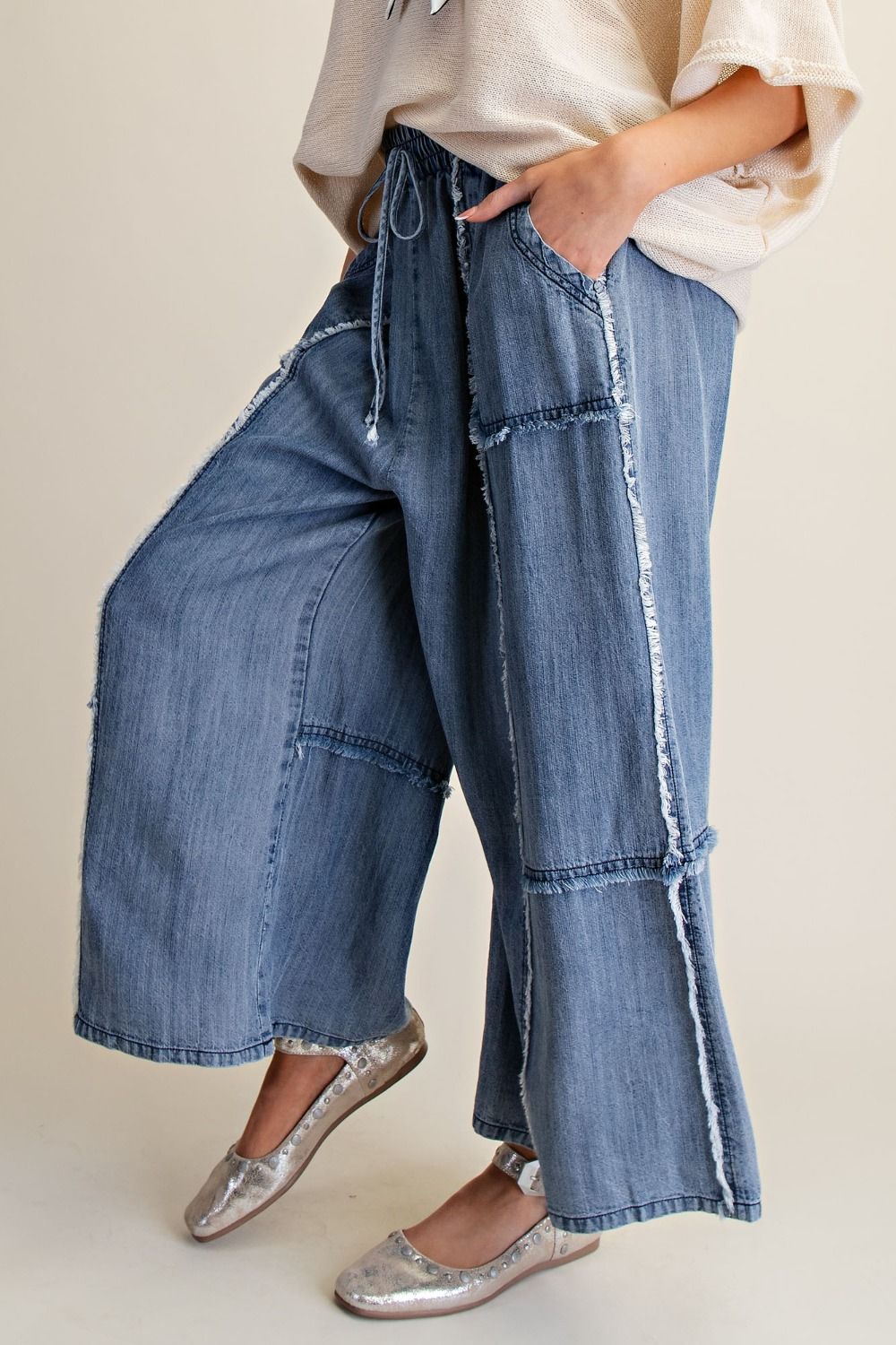 Easel Self Fray Washed Chambray Palazzo Pants