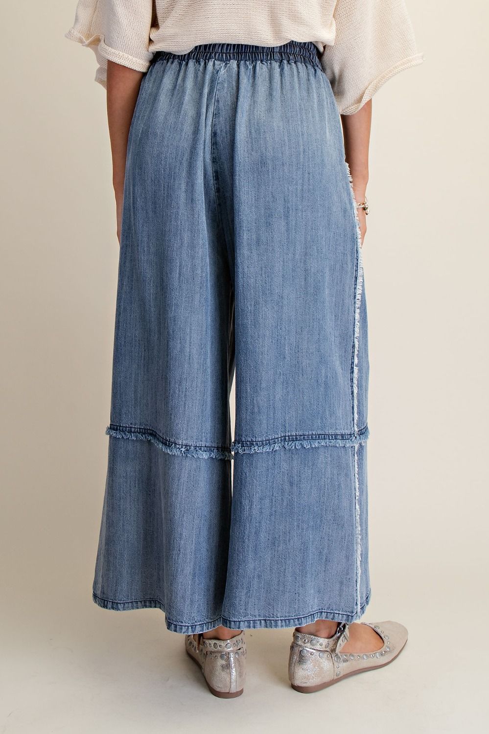 Easel Self Fray Washed Chambray Palazzo Pants