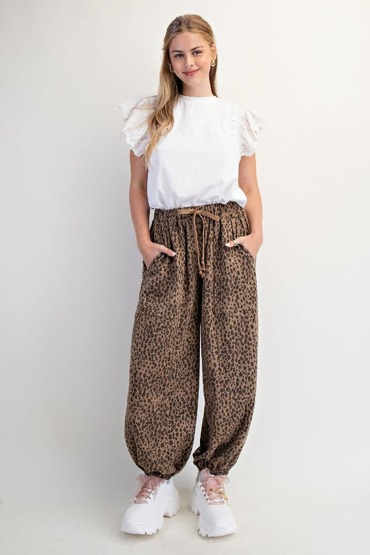Easel Animal Print Terry Knit Mineral Washed Pants