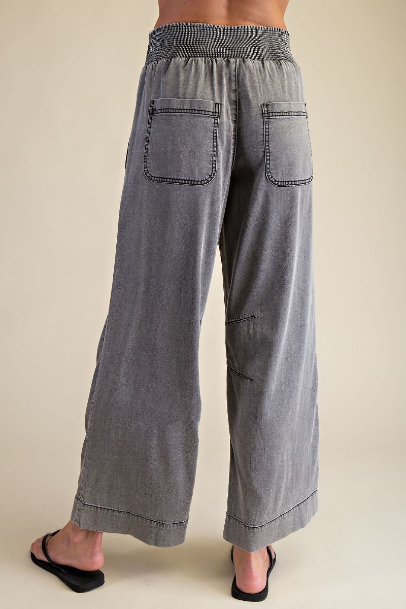 Easel Smocked Waist Washed Chambray Denim Pants