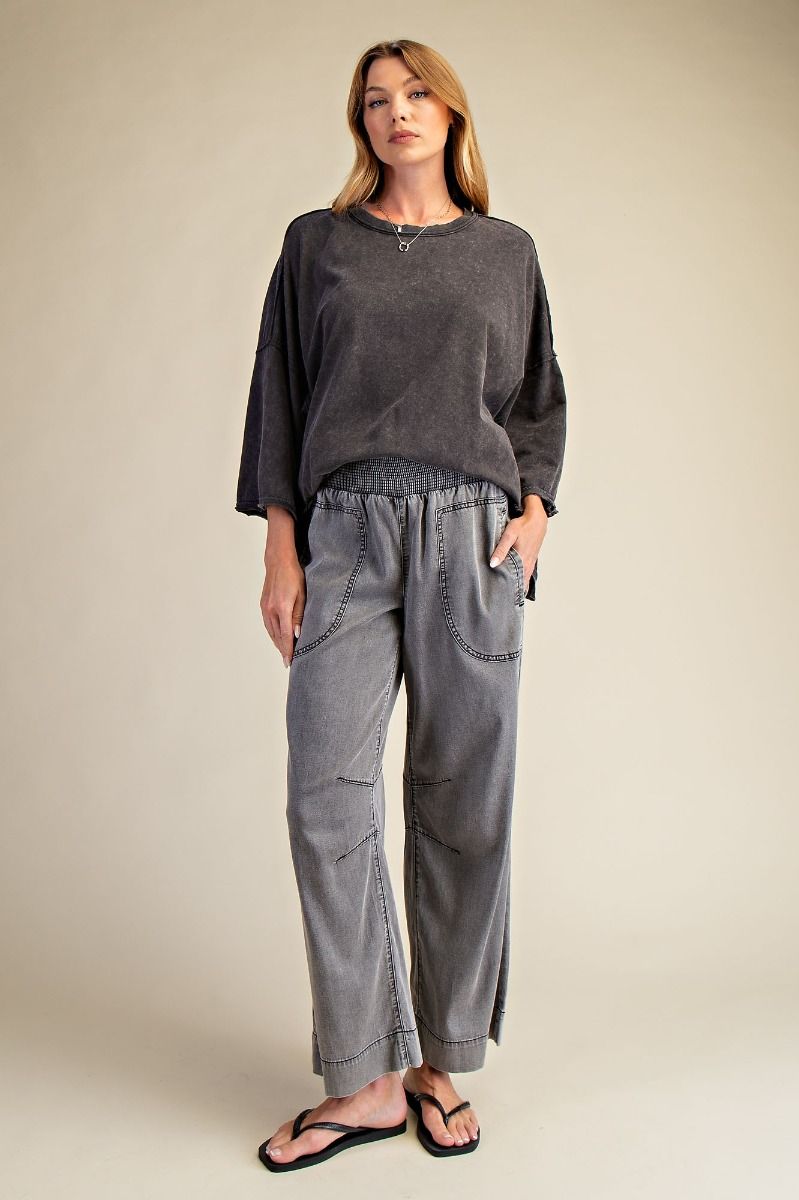 Easel Smocked Waist Washed Chambray Denim Pants
