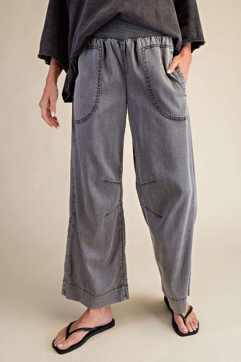 Easel Smocked Waist Washed Chambray Denim Pants