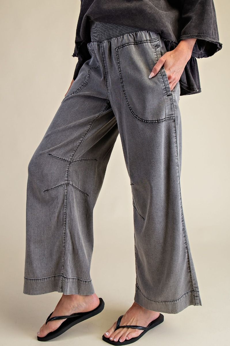 Easel Smocked Waist Washed Chambray Denim Pants