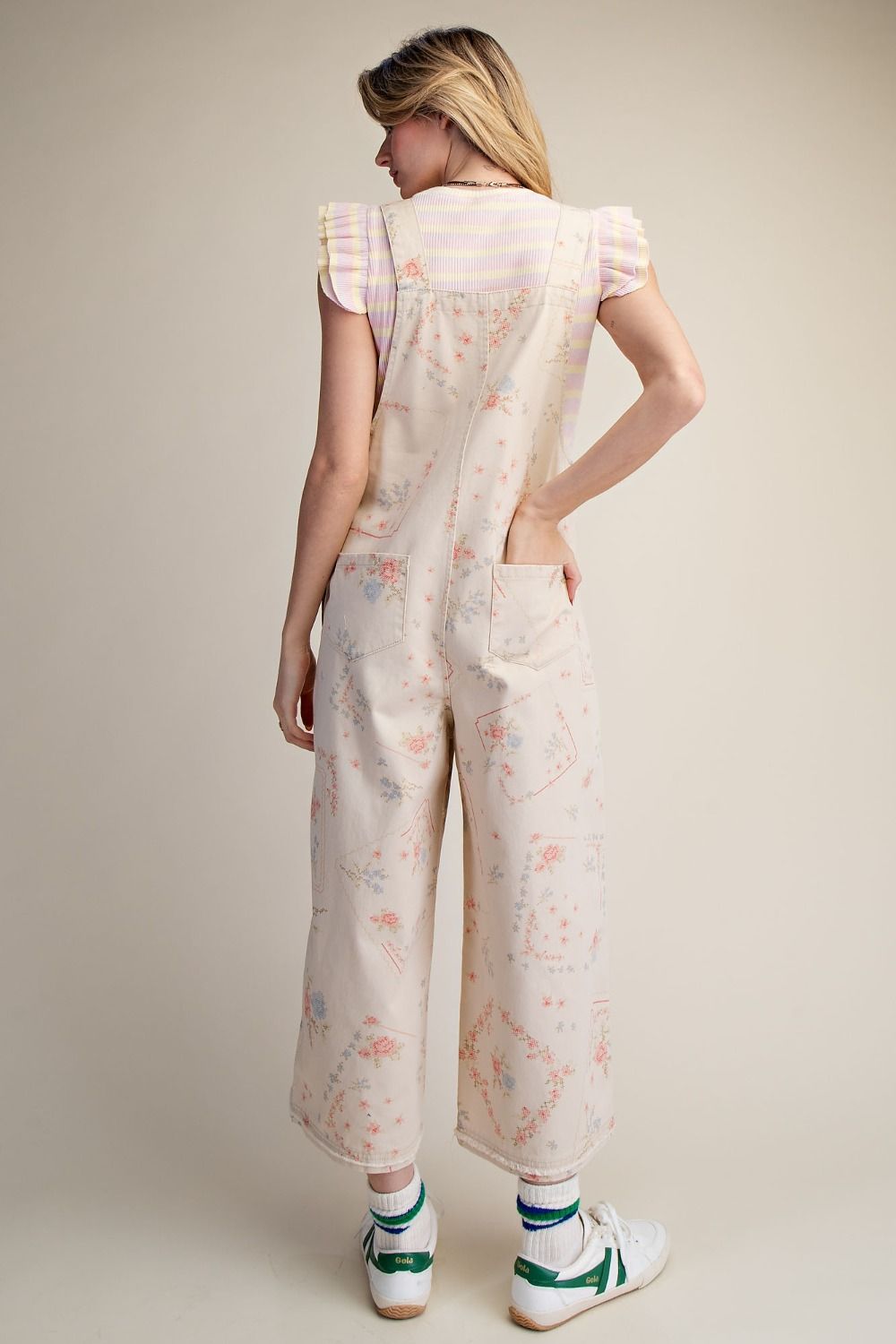 Easel Floral Printed Washed Twill Overalls