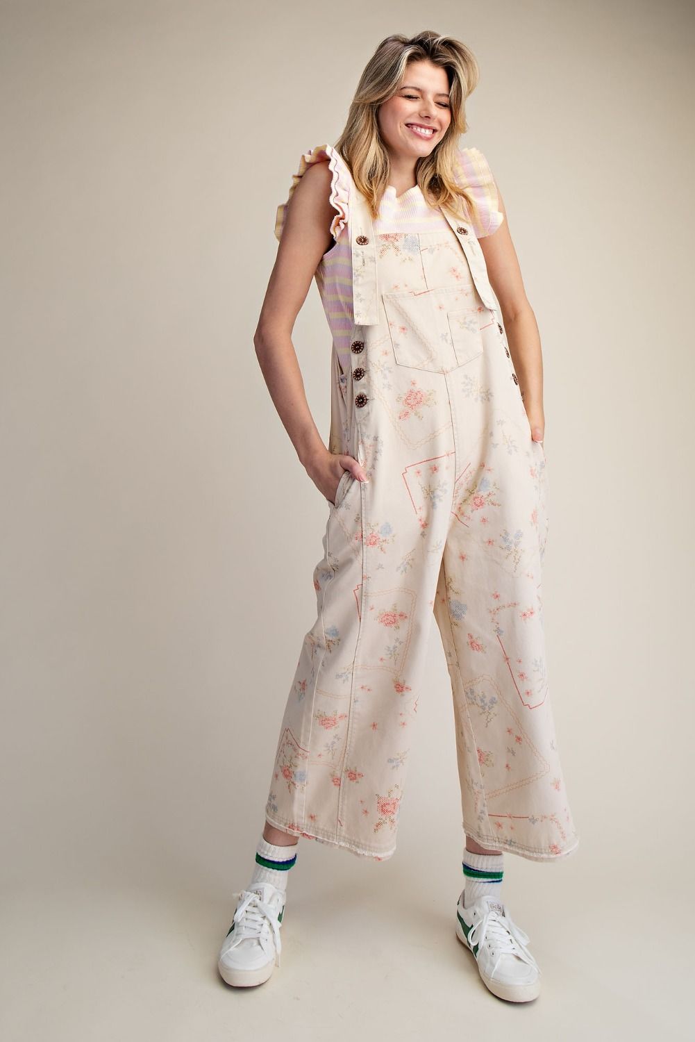 Easel Floral Printed Washed Twill Overalls