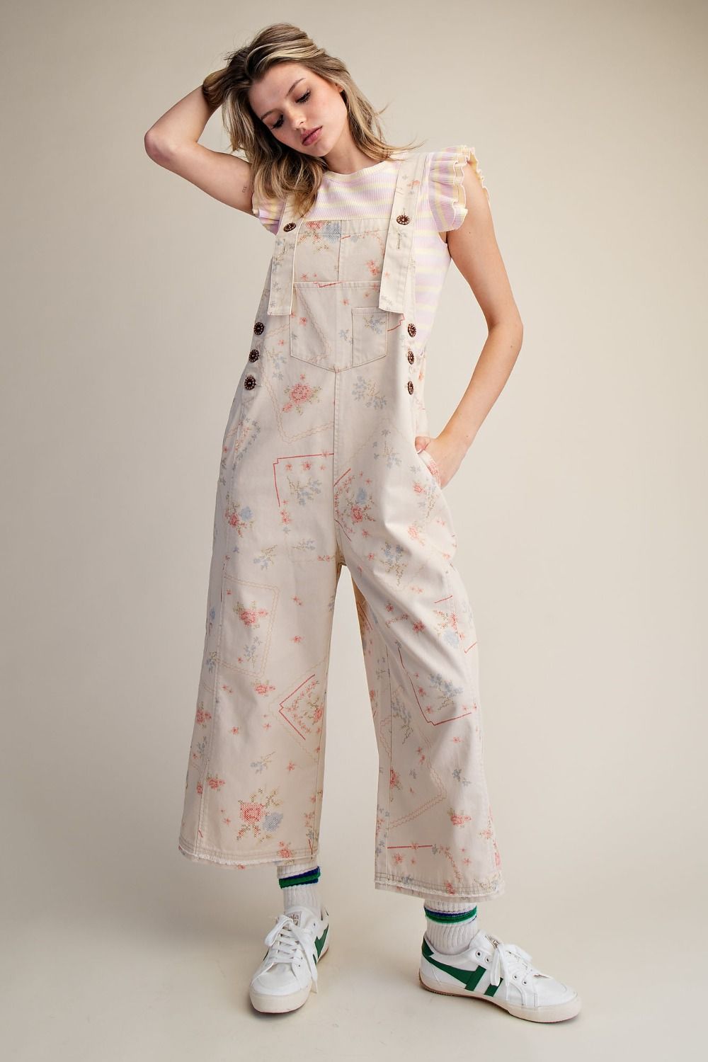 Easel Floral Printed Washed Twill Overalls